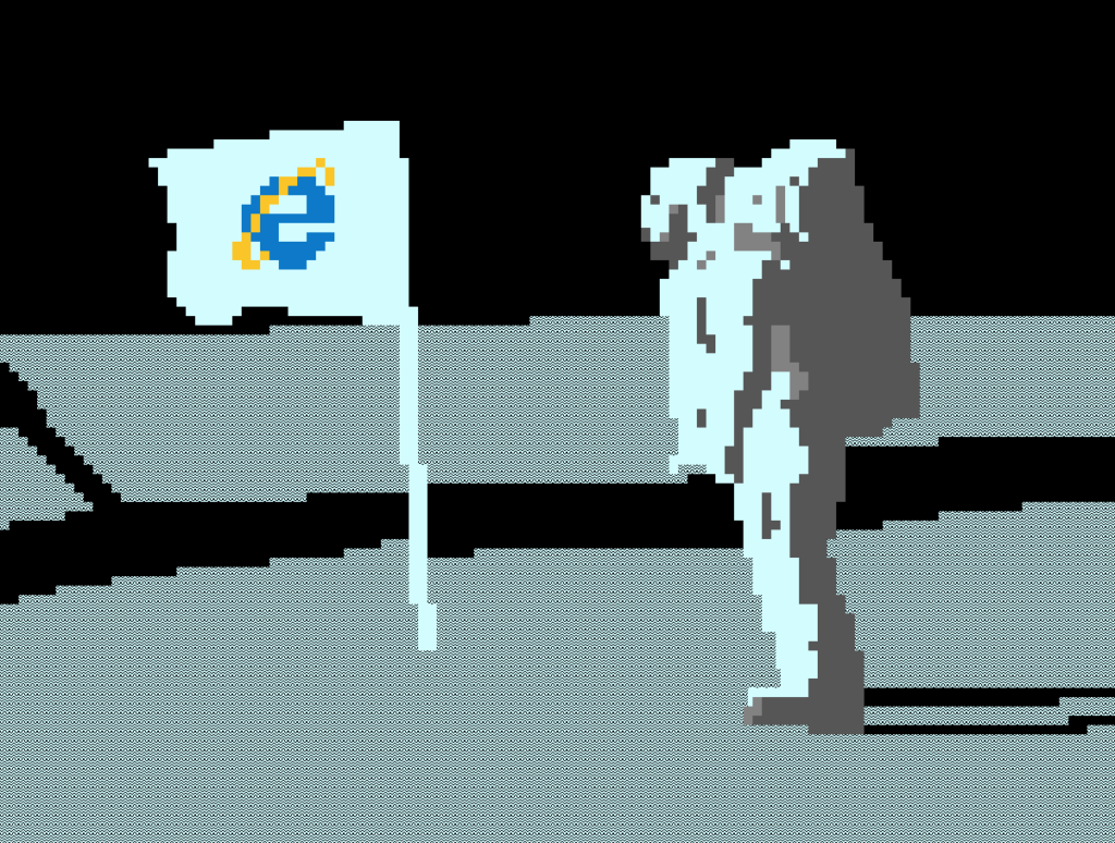 ASCII art: an astronaut looks at a flag with the Internet Explorer logo